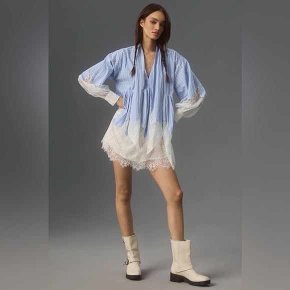 Anthropologie Maeve V-Neck Lace Twofer Mini Shirt Dress Size 14 - Picture 9 of 11